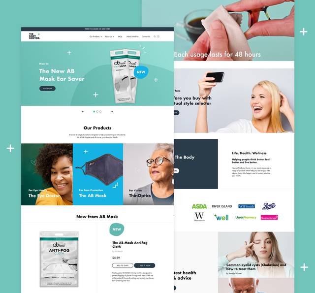 A blended image of a website homepage focused on health products, featuring various sections with images of masks, a woman smiling, and a person cleaning a surface.