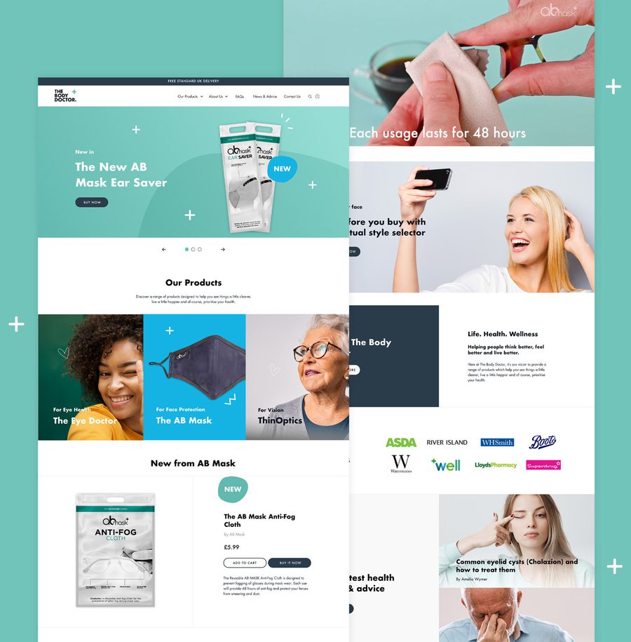 A blended image of a website homepage focused on health products, featuring various sections with images of masks, a woman smiling, and a person cleaning a surface.