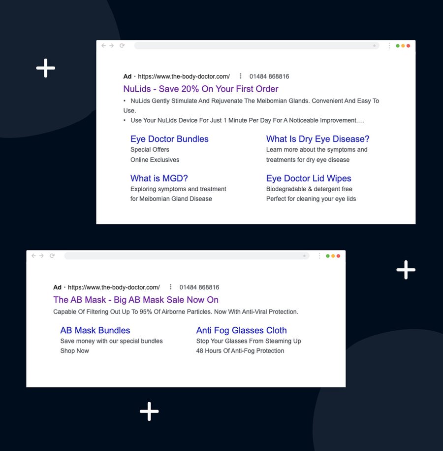 Screenshots of online advertisements for eye care products and face masks, with headlines and brief descriptions in a web browser window.