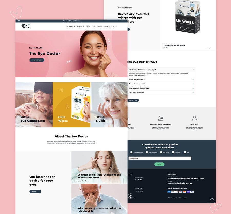 A collage of web pages featuring eye care products, including a smiling woman and various eye-related items like wipes and eye compresses.