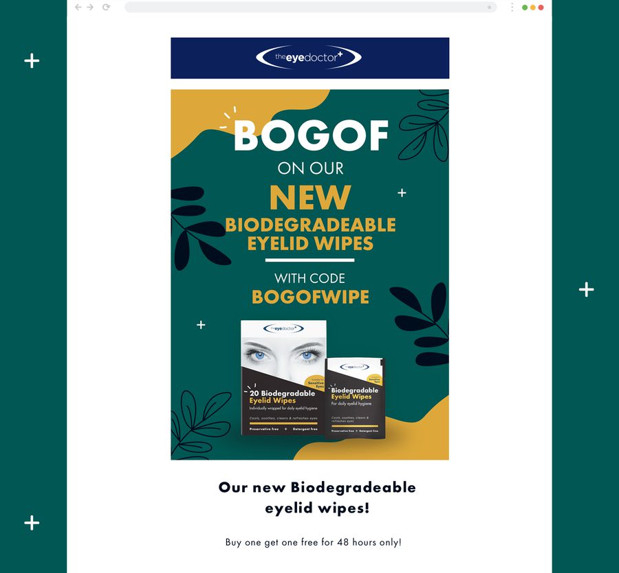 Advertisement for biodegradable eyelid wipes with a green and yellow design, featuring product images and a promotional discount.