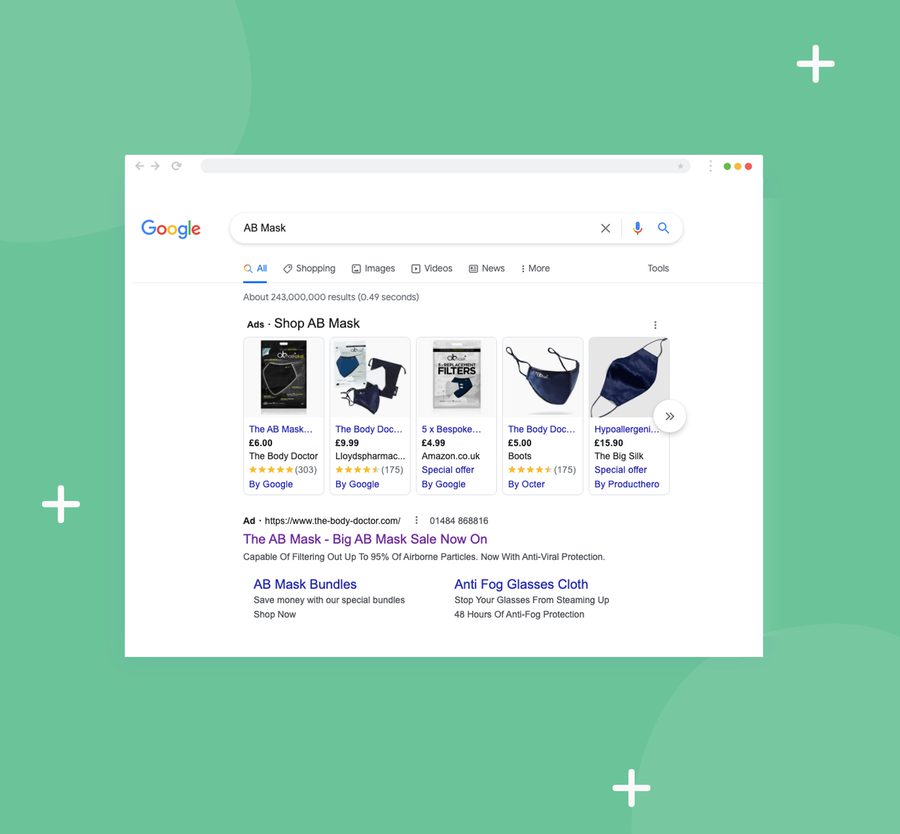A screenshot of a Google search results page for "AB Mask," showing product listings and an advertisement on a computer screen, with a green abstract background.