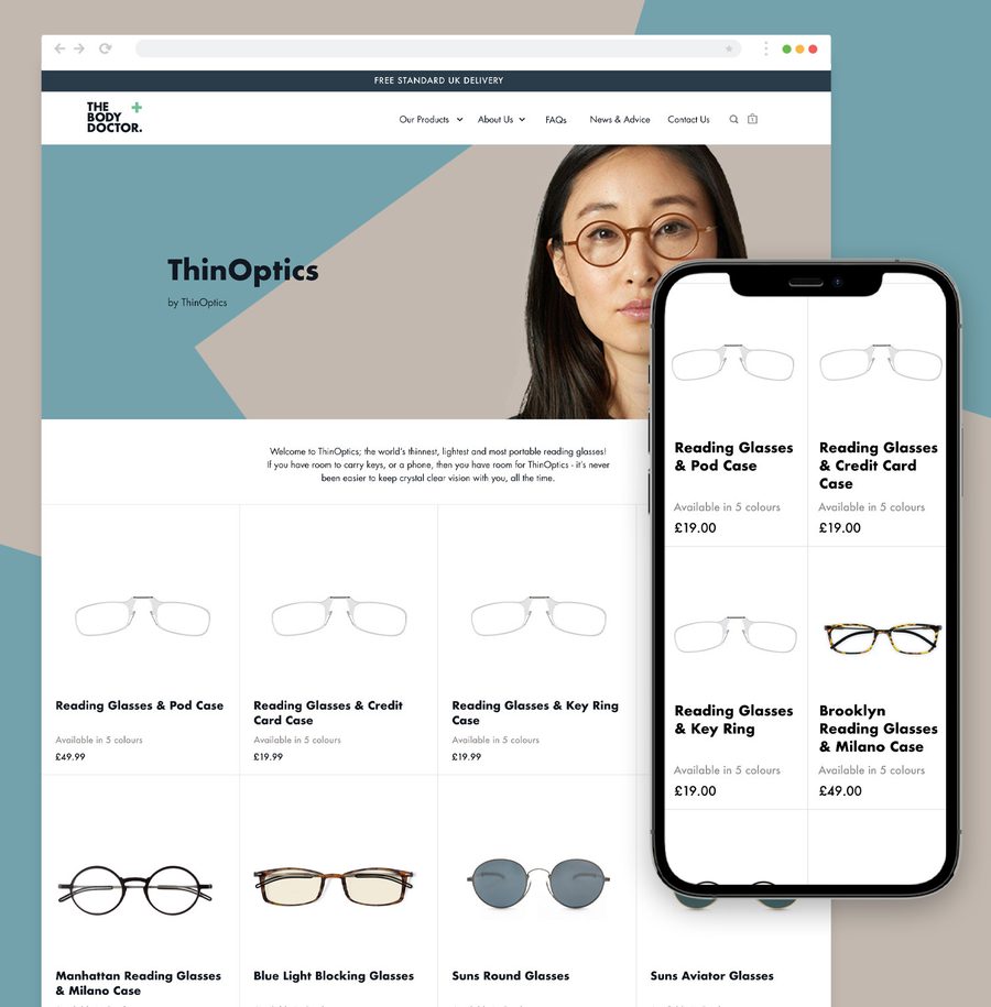 A woman with glasses appears on a website page featuring a variety of reading glasses, displayed both on the screen and in a smartphone view.