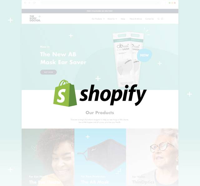 A website homepage with a focus on health products, featuring images of masks, a woman, and a senior woman, with a central Shopify logo overlay.