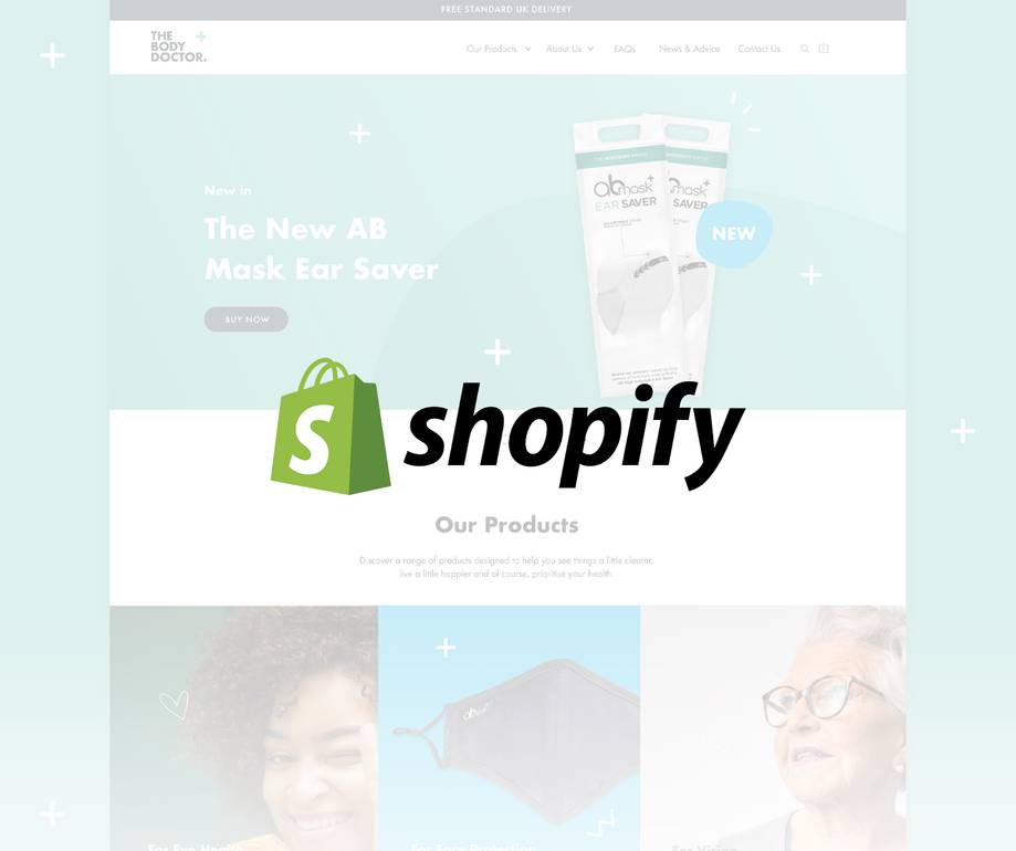 A website homepage with a focus on health products, featuring images of masks, a woman, and a senior woman, with a central Shopify logo overlay.