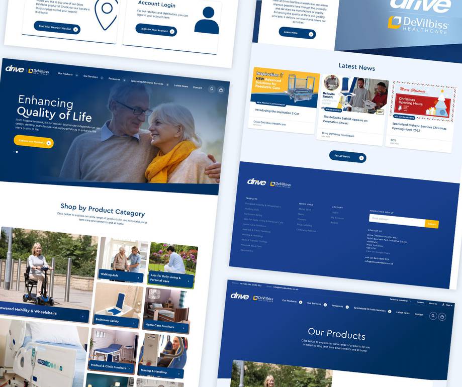 Screenshots of the Drive DeVilbiss Healthcare website, featuring product categories, latest news, and account login sections with a caring elderly woman in a park.