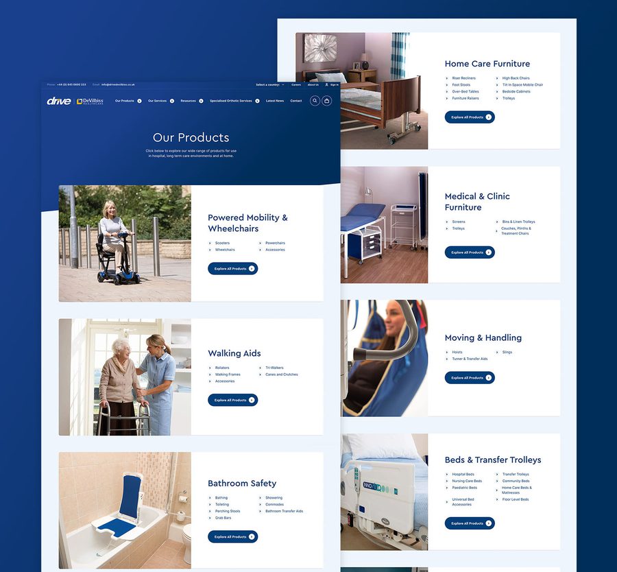 A screenshot of a website for drive healthcare products, displaying categories like powered mobility, medical furniture, walking aids, and bathroom safety.