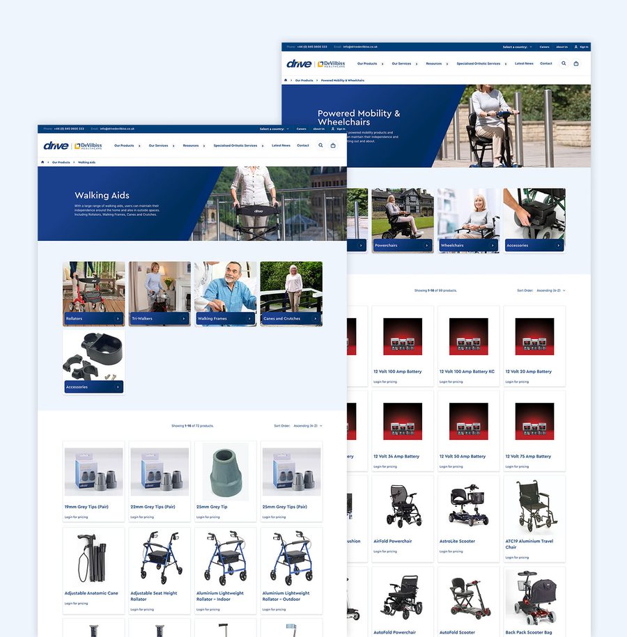 Screenshots of a healthcare website showcasing powered mobility and wheelchairs with various products displayed in a grid layout.