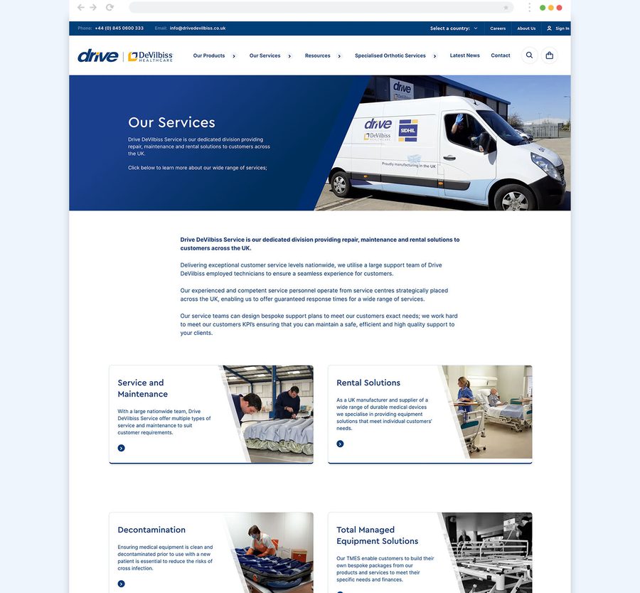 A delivery van with company branding parked outside a modern building, with service description text and images of healthcare and maintenance services.