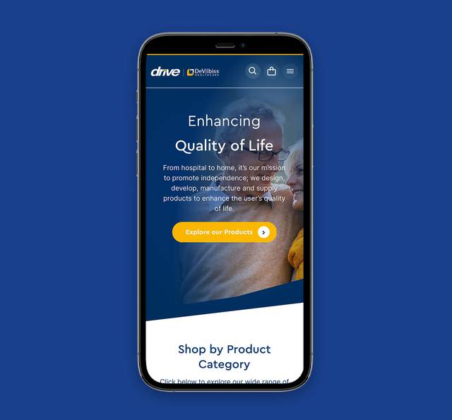 Smartphone displaying a healthcare website with a blue background, showing a smiling elderly woman and centre text about improving quality of life.