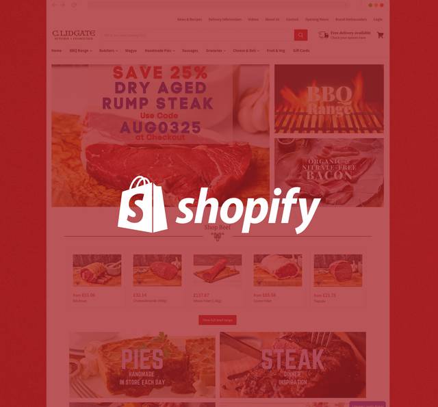 Shopify logo overlaid on an online meat shop webpage featuring various cuts of beef and promotional banners for steaks and pies.