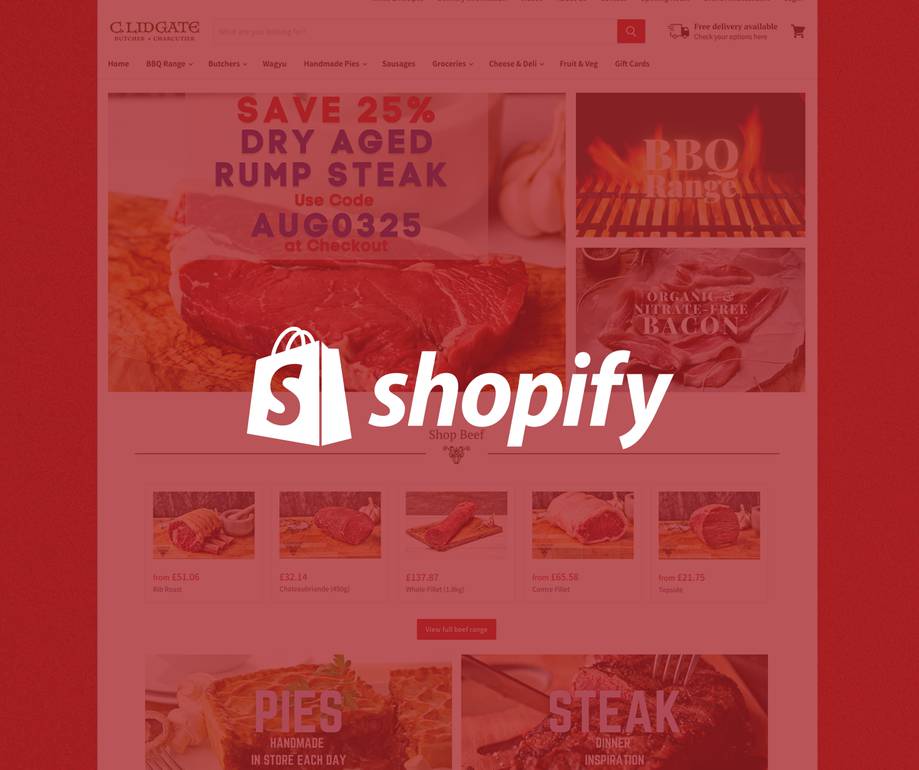 Shopify logo overlaid on an online meat shop webpage featuring various cuts of beef and promotional banners for steaks and pies.