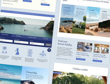 Collage of holiday and caravan park websites showcasing scenic beaches, lodges, and camping offers with text and buttons highlighting deals and locations.