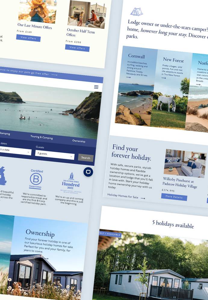 Collage of holiday and caravan park websites showcasing scenic beaches, lodges, and camping offers with text and buttons highlighting deals and locations.
