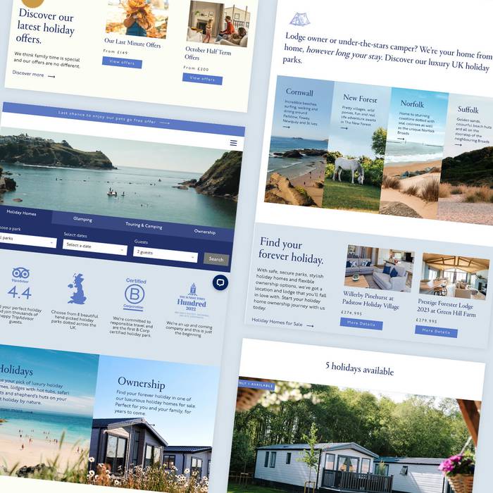 Collage of holiday and caravan park websites showcasing scenic beaches, lodges, and camping offers with text and buttons highlighting deals and locations.