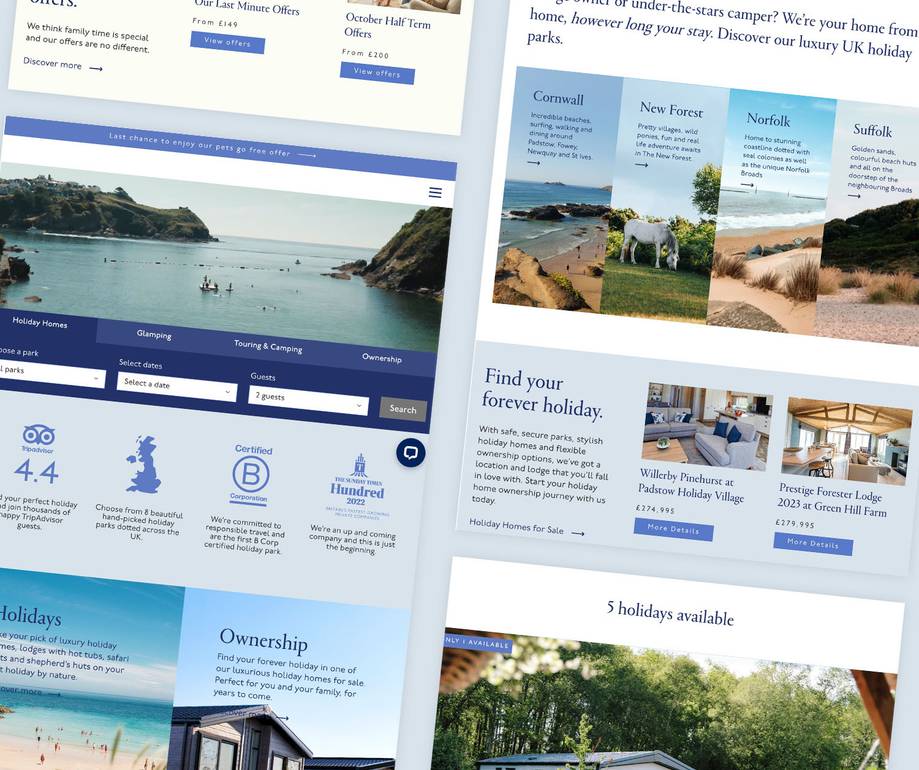 Collage of holiday and caravan park websites showcasing scenic beaches, lodges, and camping offers with text and buttons highlighting deals and locations.