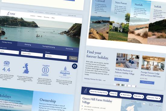 Collage of various travel website pages showcasing holiday offers, scenic landscapes, property interiors, and maps of holiday destinations.