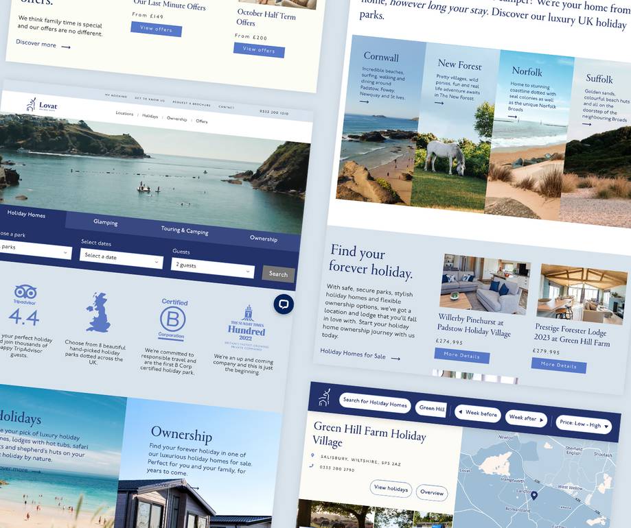Collage of various travel website pages showcasing holiday offers, scenic landscapes, property interiors, and maps of holiday destinations.