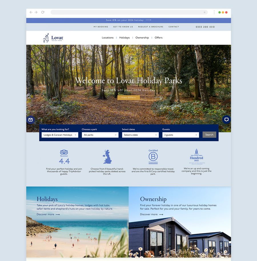 Homepage screenshot with a forest pathway, website menu options, search bar, and sections highlighting holidays and property ownership.
