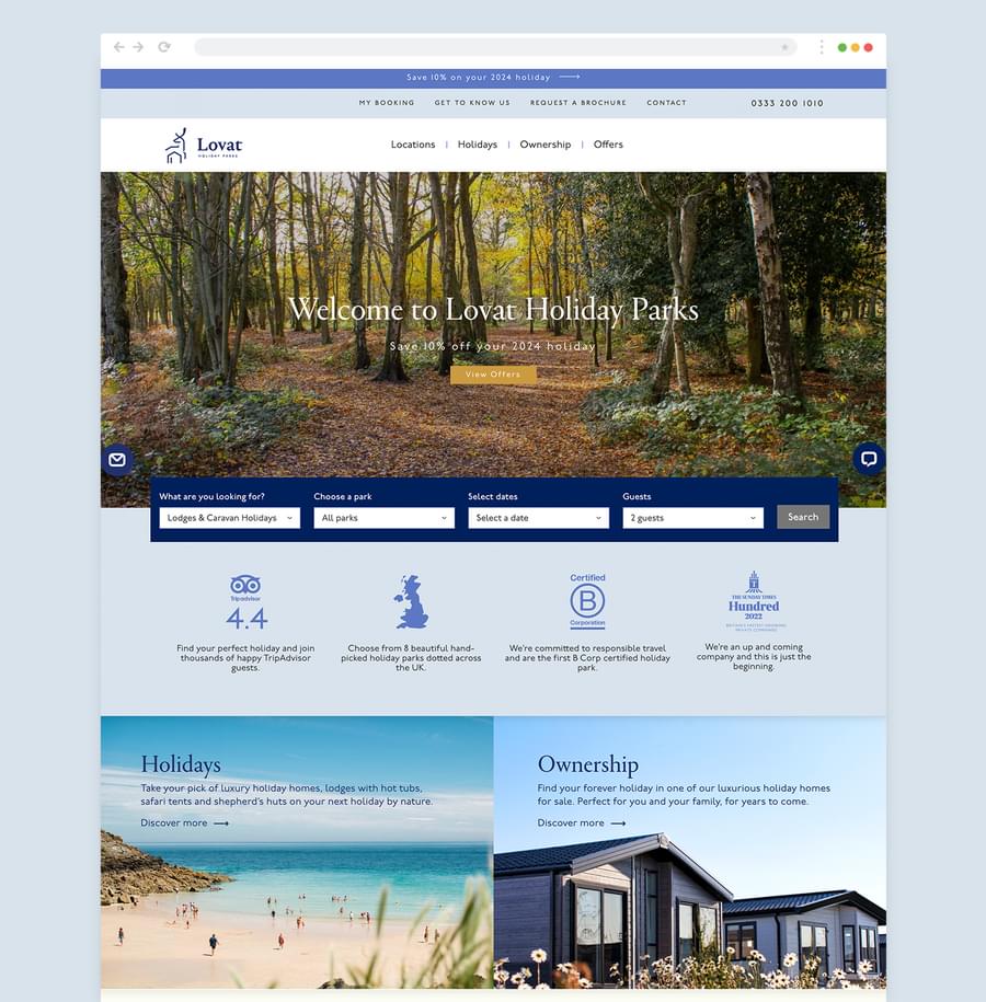 Homepage screenshot with a forest pathway, website menu options, search bar, and sections highlighting holidays and property ownership.