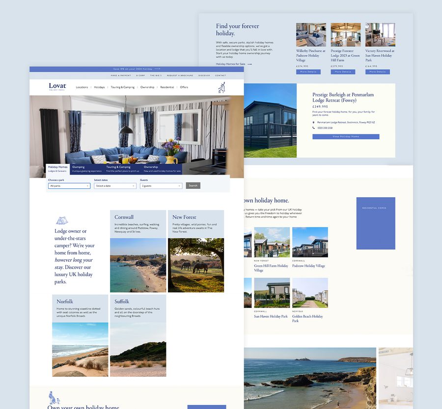 Collage of holiday home websites showcasing interior living rooms and exterior cottages, with beach scenes and property listings.