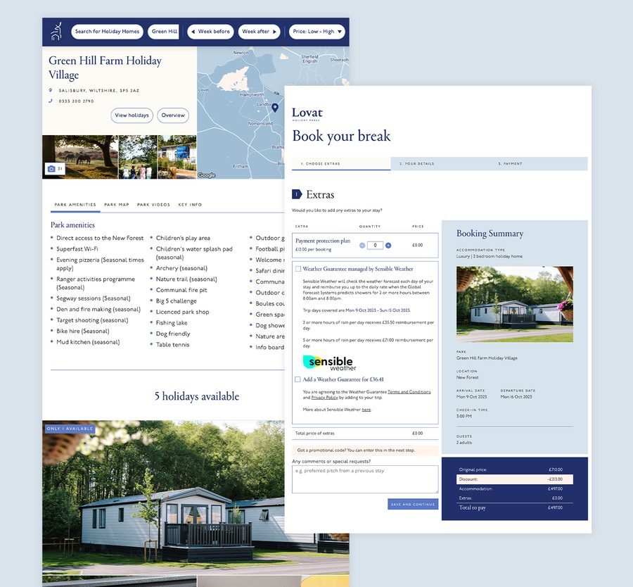 A booking webpage for a holiday park features a map, holiday details, amenities, and a booking summary with a picture of a caravan in a green setting.
