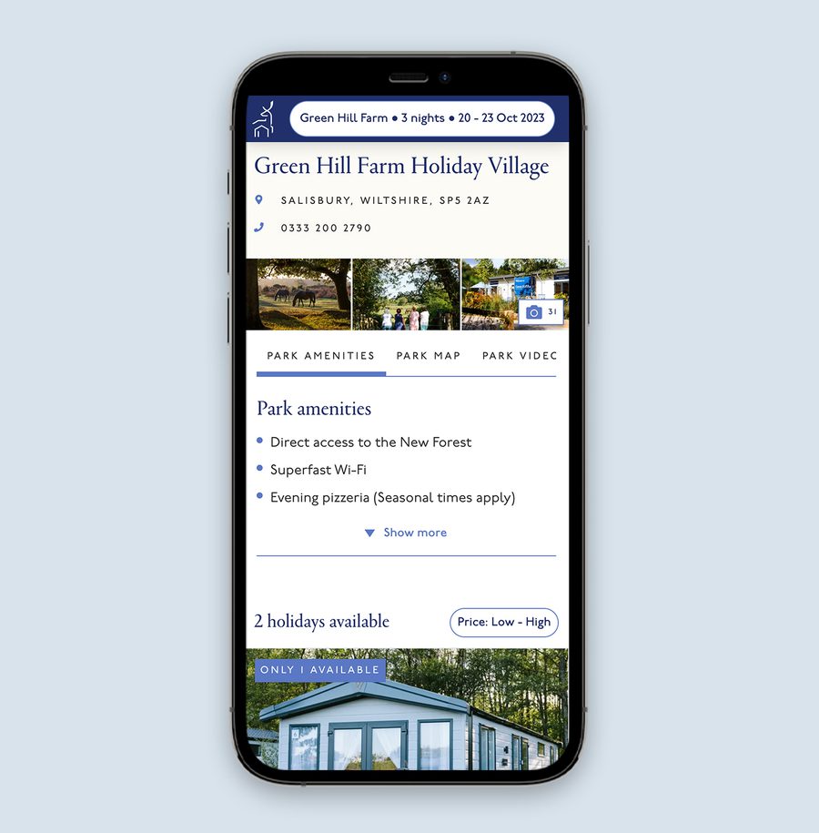 Mobile phone screen displaying a booking page for Green Hill Farm Holiday Village, with images and details about park amenities and availability.