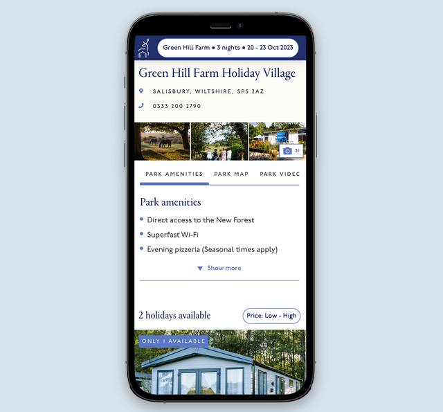 Smartphone displaying a booking page for Green Hill Farm Holiday Village, featuring images, amenities, contact details, and availability information.