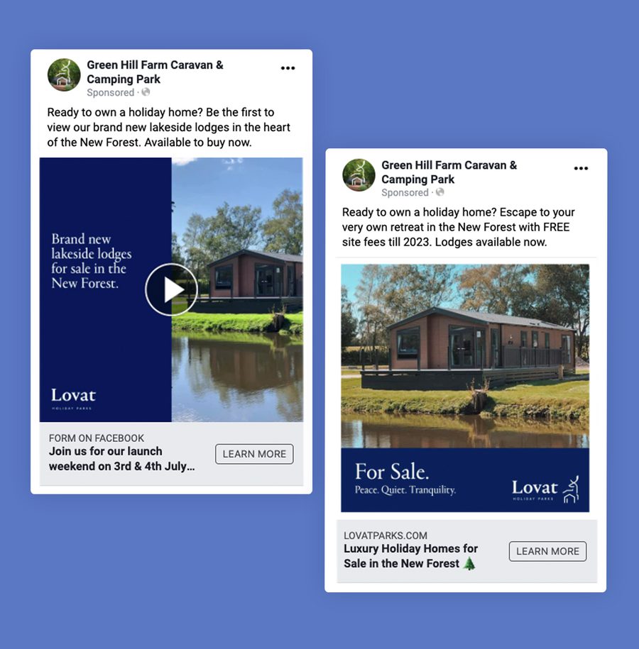 Two social media ads showing lakeside lodges for sale at Green Hill Farm Caravan & Camping Park, with images of modern wooden cabins by a pond.