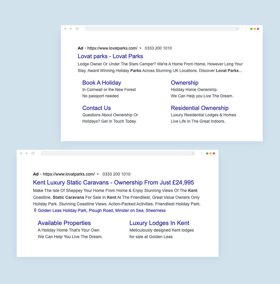 Screenshots of online property and holiday rental advertisements with text promoting parks, holiday homes, and luxury lodges in Kent.