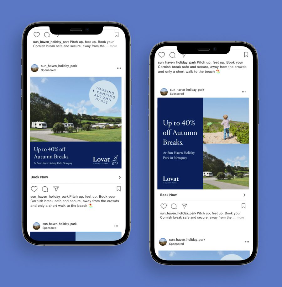 Two smartphones displaying promotional images for Sun Haven Holiday Park, highlighting up to 40% off autumn breaks with scenery and a child on a beach.