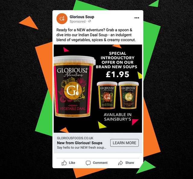 Facebook ad for Glorious! Soups showing Indian Vegetable Daal, Spiced Chicken and Chicken Curry pots, a £1.95 introductory offer, available in Sainsbury's