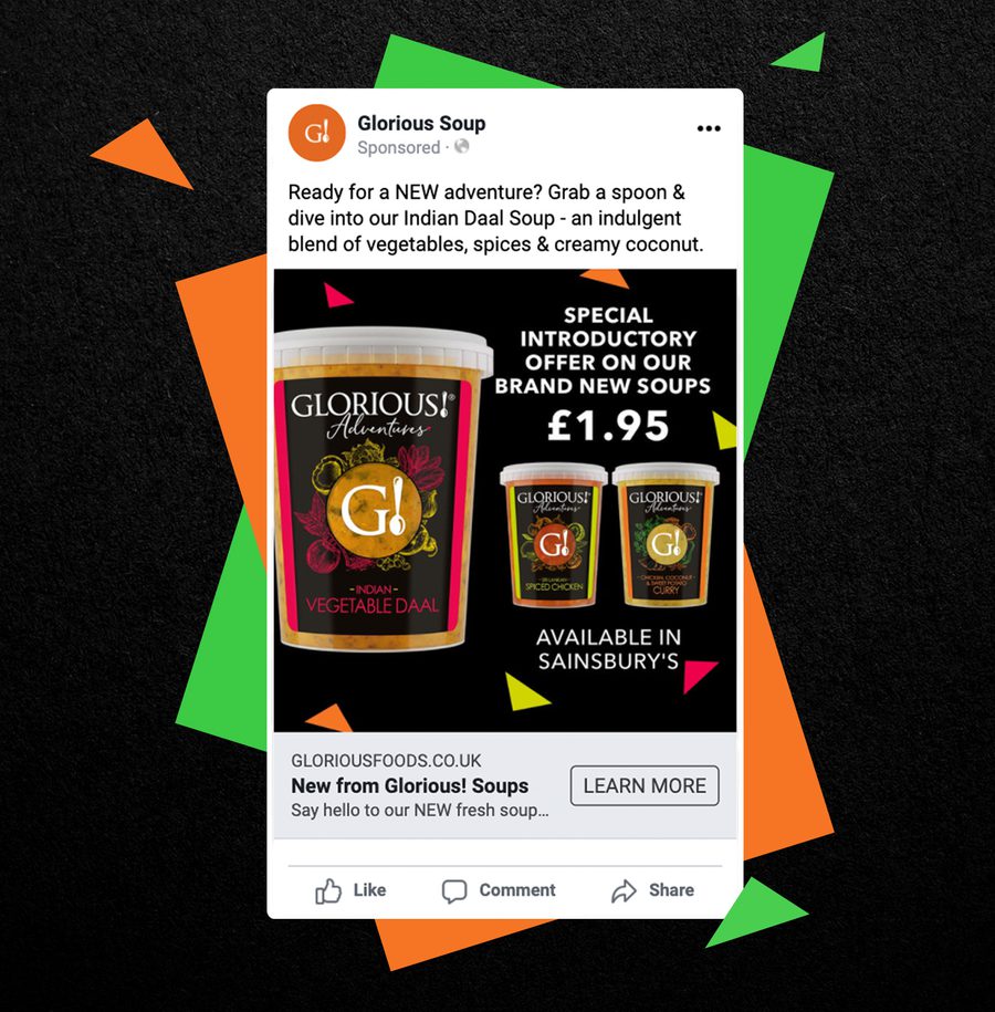 Advertisement for Glorious Soup showcasing Indian Daal soup with a special offer of £1.95, available at Sainsbury's with colourful geometric background.