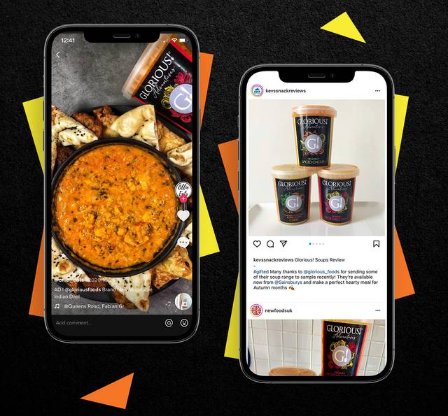 Two phones on a black background: left, a TikTok video of orange dal with naan and a Glorious! pot; right, an Instagram post of three Glorious! soup pots.