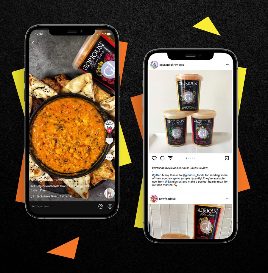 Two smartphones display food and drink images from Glorious! on a textured black background with colourful triangle accents.