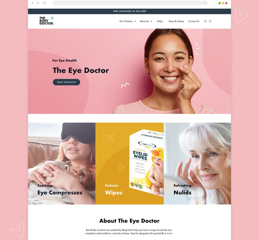 Smiling woman demonstrates eye care on a pink background, surrounded by images of eye products including eye compresses, wipes, and nulids.