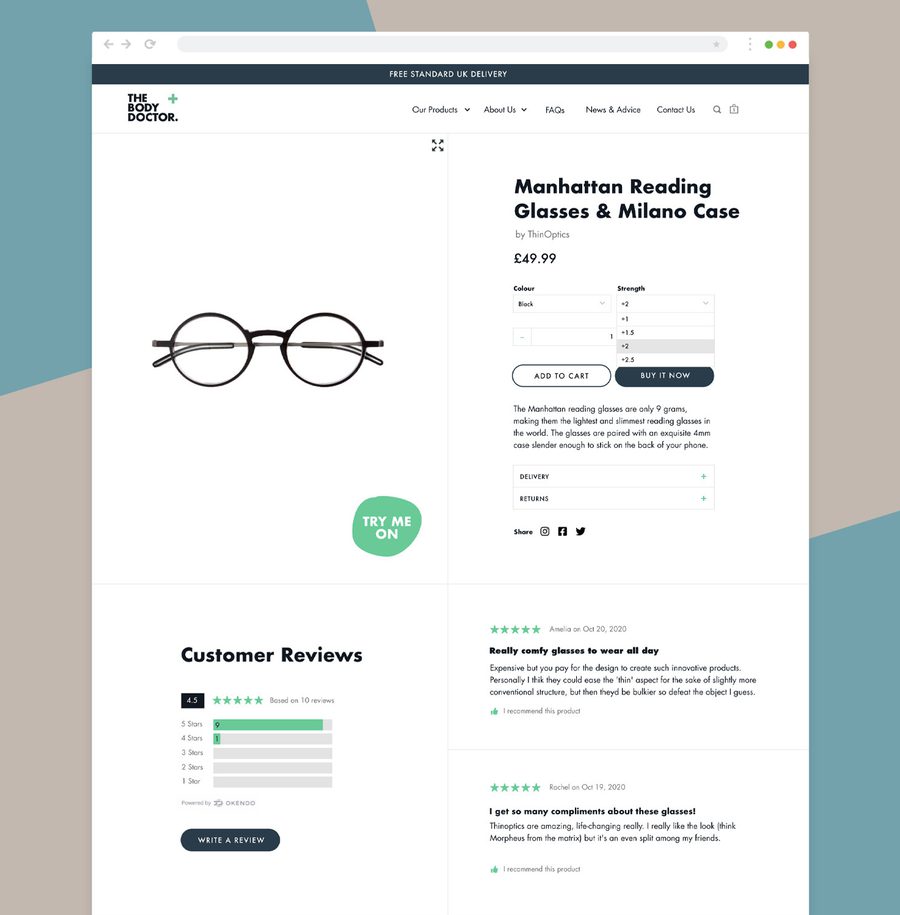 A website product page displaying black round reading glasses with a description, price, and customer reviews on a white background.