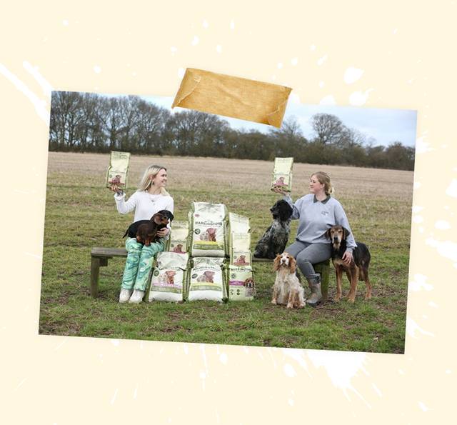 Two women with dogs in a field, surrounded by bags of Harringtons dog food, with a beige splattered background and a piece of torn tape at the top.