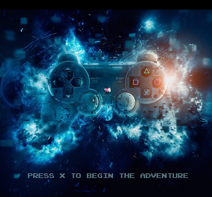 A digital explosion surrounds a PlayStation controller, with the text "Press X to begin the adventure" at the bottom in a futuristic font.