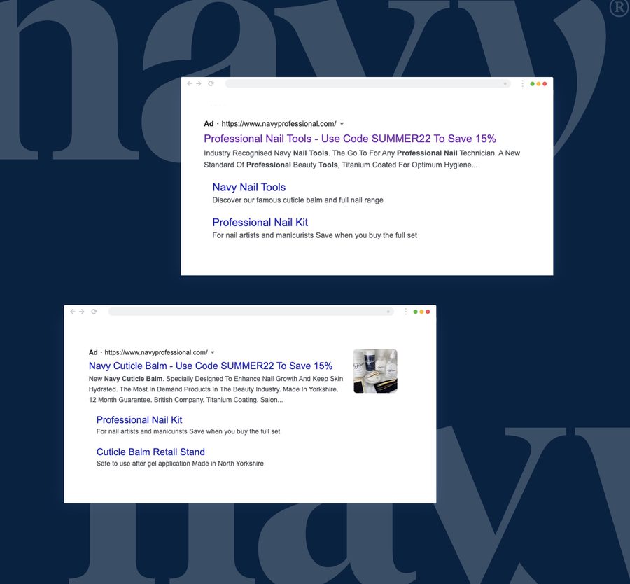 Screenshots of navy professional nail and cuticle balm product web pages with text descriptions and a small image of the balm container.