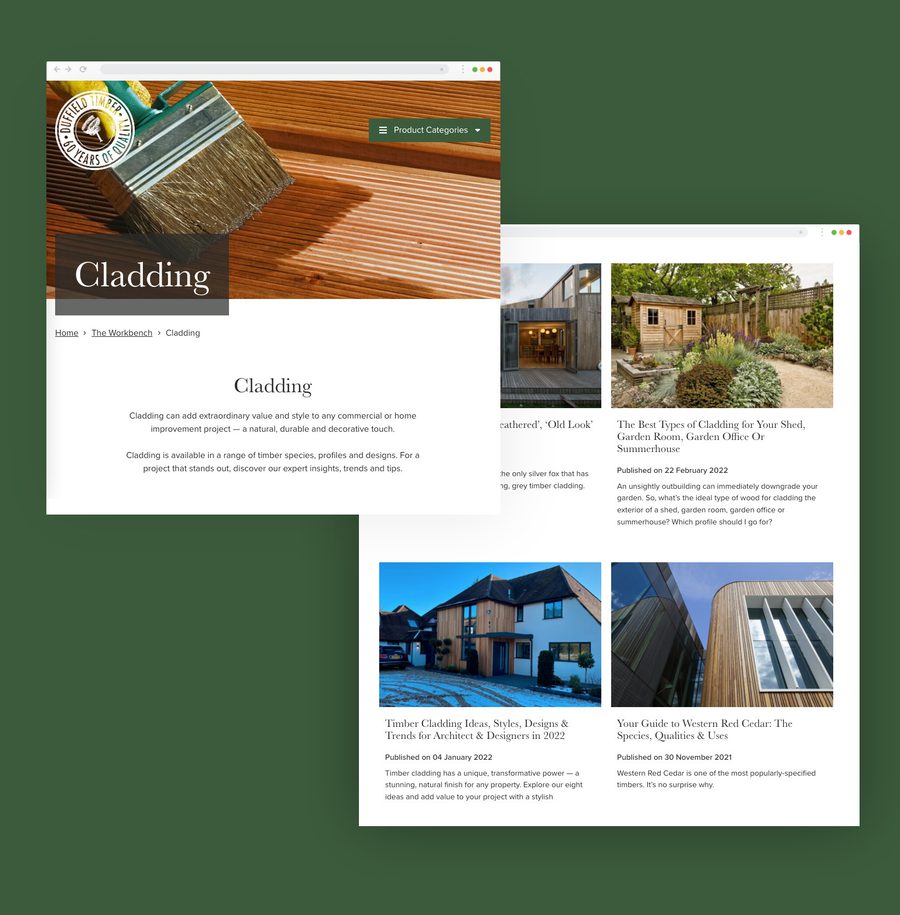 A collage of webpage screenshots about cladding, featuring images of timber cladding on buildings and a close-up of a paintbrush applying timber stain.