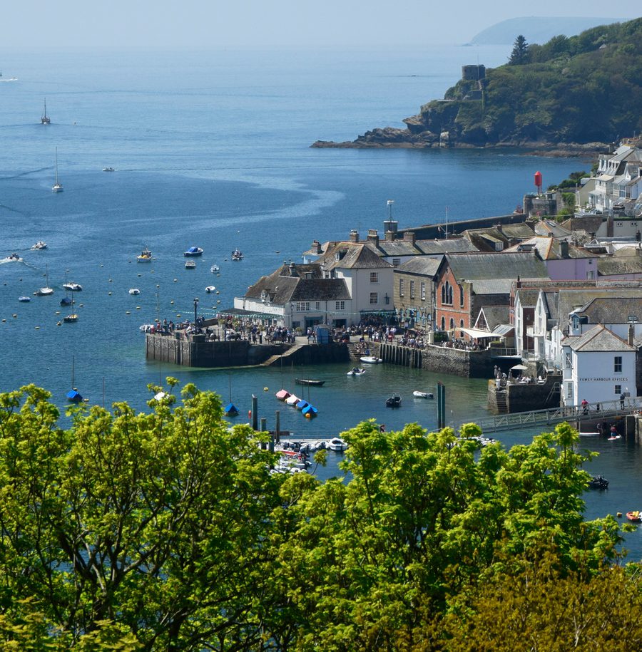 A coastal village with colorful buildings, boats in the harbour, and a hillside covered in greenery under a clear blue sky.