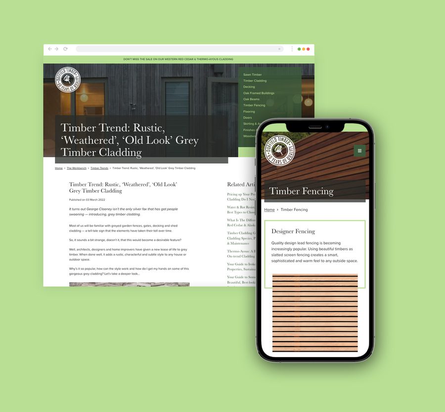 A smartphone displaying a timber fencing webpage with horizontal wooden slats, set against a tablet showing a timber cladding article, both on a green background.