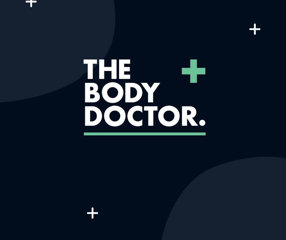 The image features the text "THE BODY DOCTOR" on a dark background with abstract circles and plus signs in green and white.
