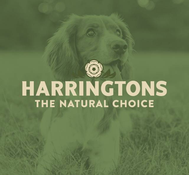A dog standing outdoors on grass with a Harrisons logo and the text "Harringtons The Natural Choice" overlaid in the centre.