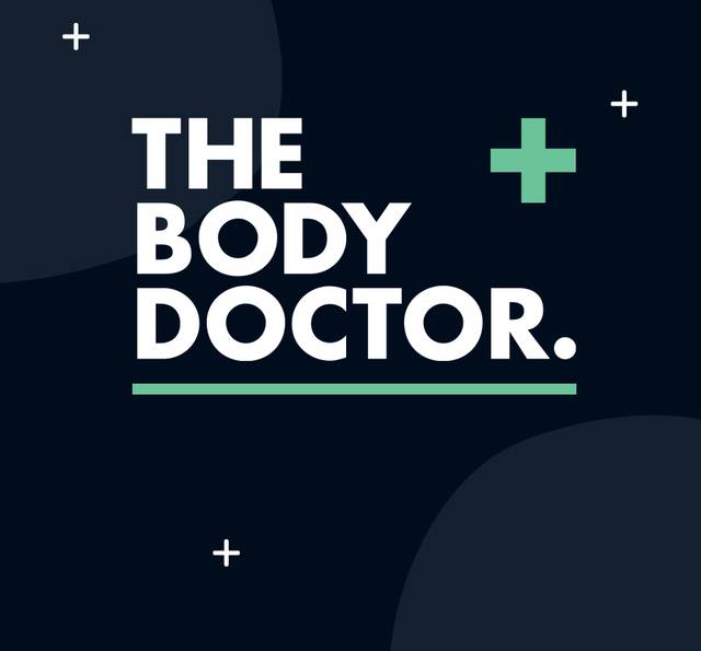 The image features the text "THE BODY DOCTOR." in bold white letters on a dark background with green plus signs and abstract shapes.