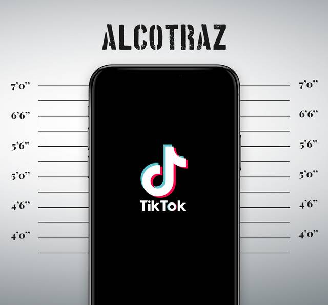 A smartphone displaying the TikTok logo against a height chart background, with measuring lines on either side of the device.