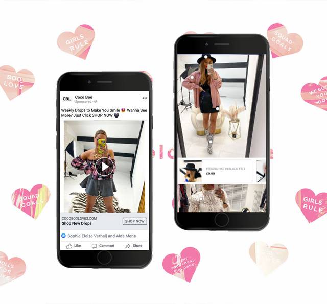 Two smartphones display fashion selfies against a white background decorated with pink hearts and slogans like "Girls Rule" and "Squad Goals."