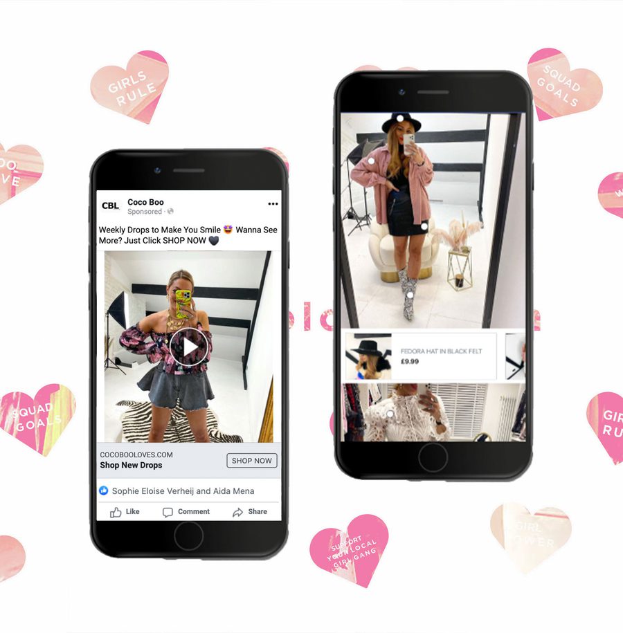 Two smartphones display fashion selfies against a white background decorated with pink hearts and slogans like "Girls Rule" and "Squad Goals."