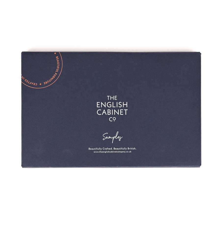 A navy blue rectangular box with white text displaying "The English Cabinet Co" and "Sample" on a plain white background.